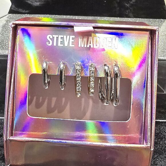 Steve Madden Silver/Rhinestone Hoop Earring Set of 3 - Picture 4 of 7